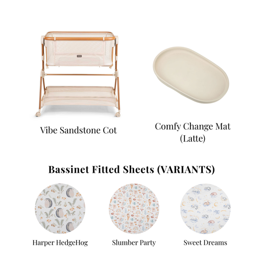 Baby crib set with Vibe Sandstone Cot, Comfy Change Mat, and bassinet fitted sheets on a white background.