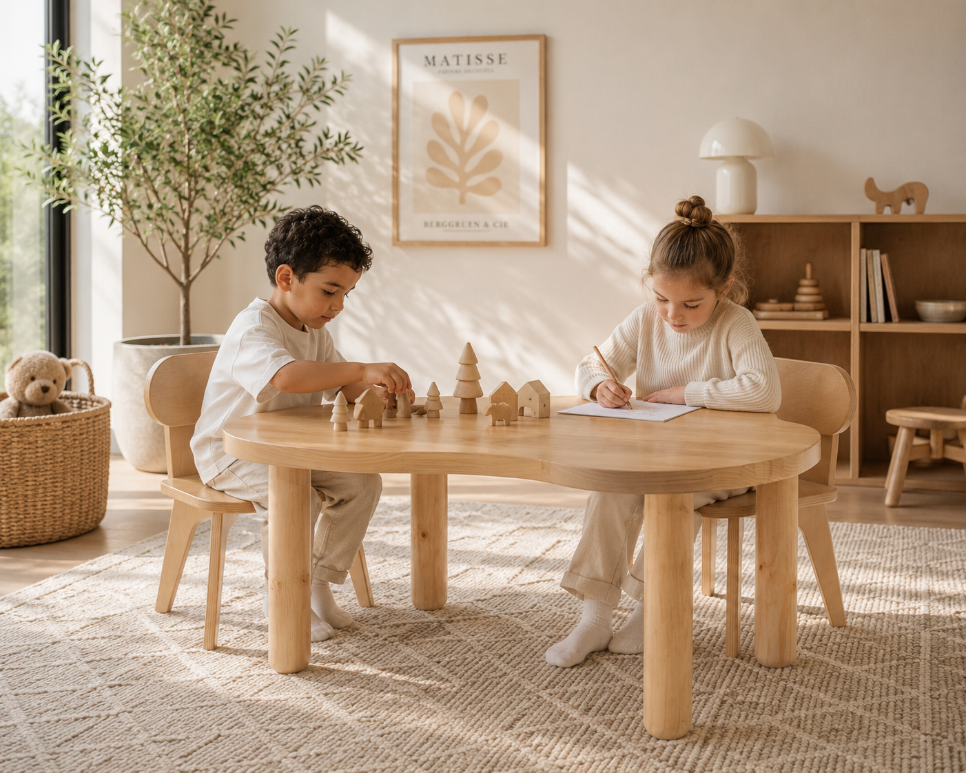 Two children sitting at a round light wood table in a bright, minimalist nursery or playroom, with one child building small wooden houses and the other writing on paper. The room features warm neutral tones, natural light, and wooden furniture.