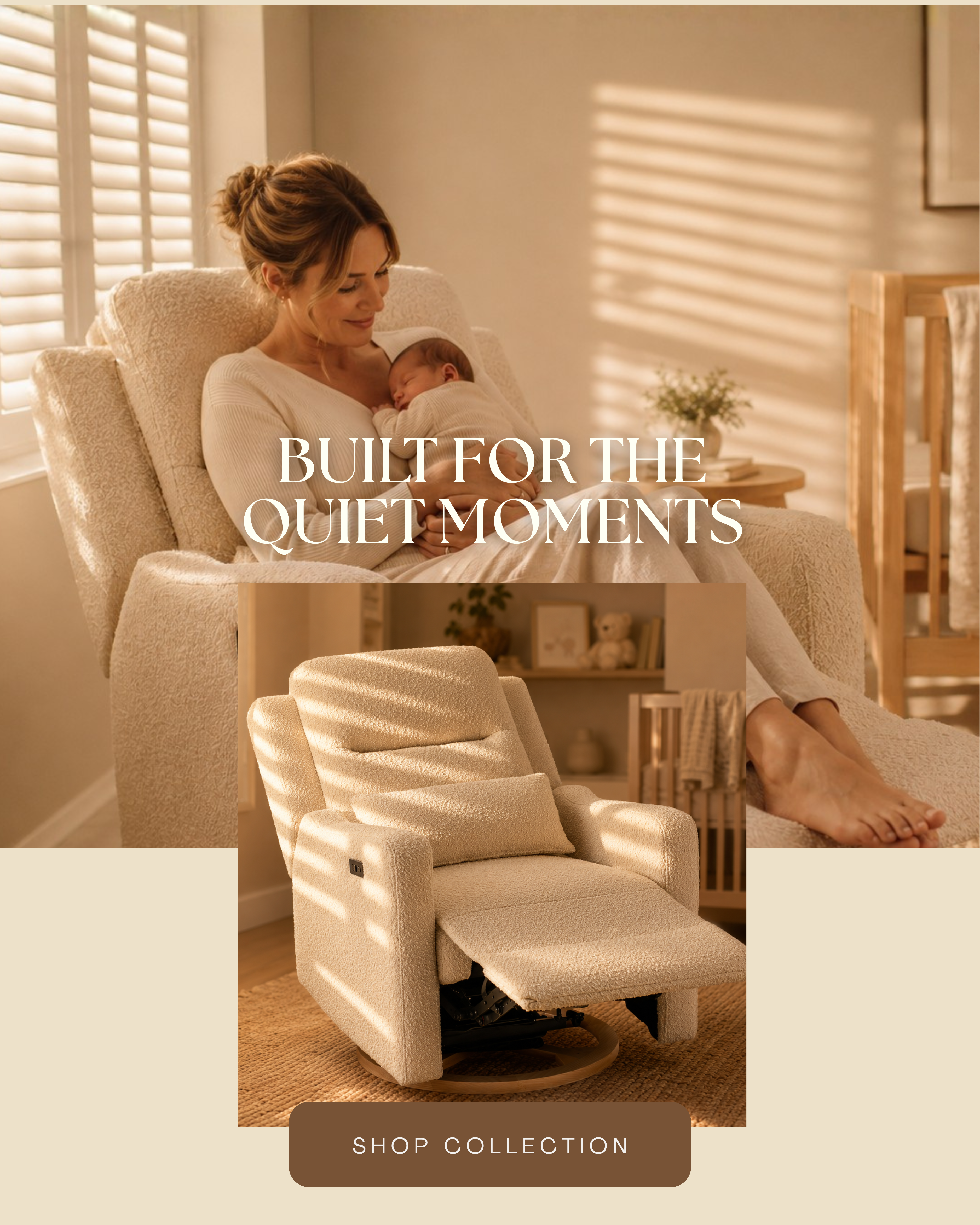 Mother cradling a sleeping newborn in a cream boucle power recliner with footrest extended in a warm golden hour nursery, alongside a product shot of the Cocoon cream boucle nursery recliner on a timber swivel base — designed for feeding, rocking and quiet moments with your baby.