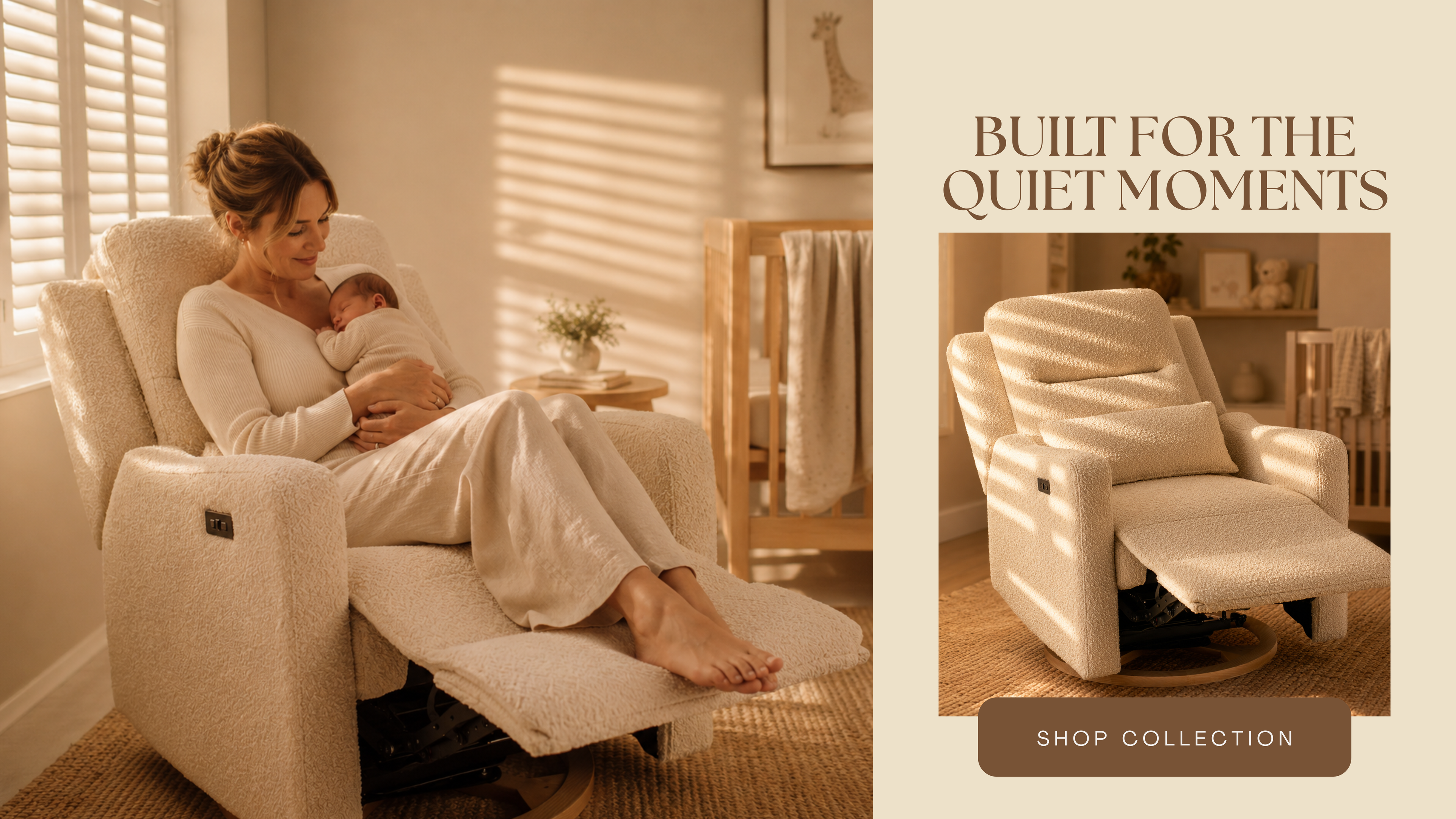 Mother cradling a sleeping newborn in a cream boucle power recliner with footrest extended in a warm golden hour nursery, alongside a product shot of the Cocoon cream boucle nursery recliner on a timber swivel base — designed for feeding, rocking and quiet moments with your baby.